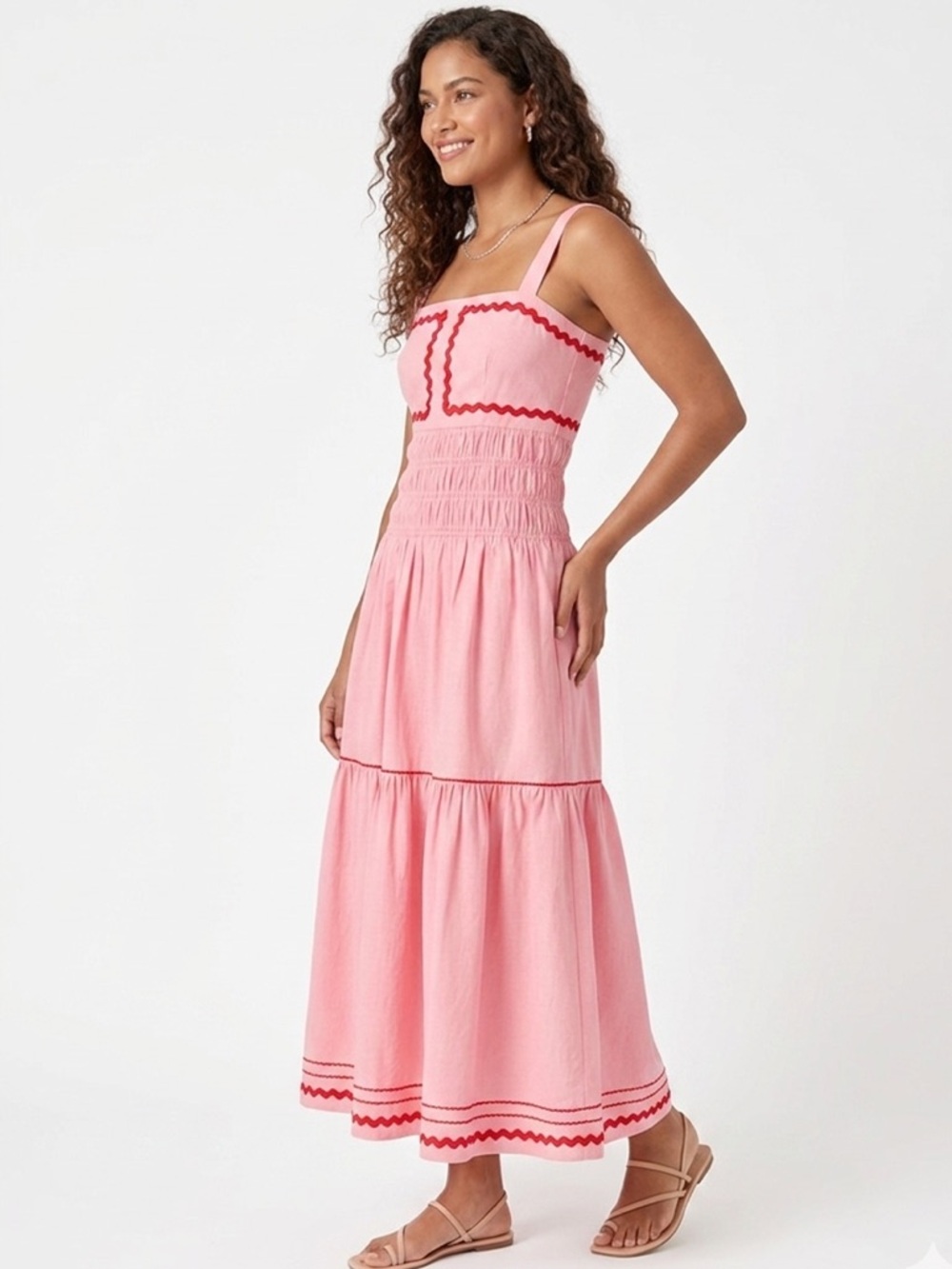 English Factory Pink Maxi Dress with Red Trim